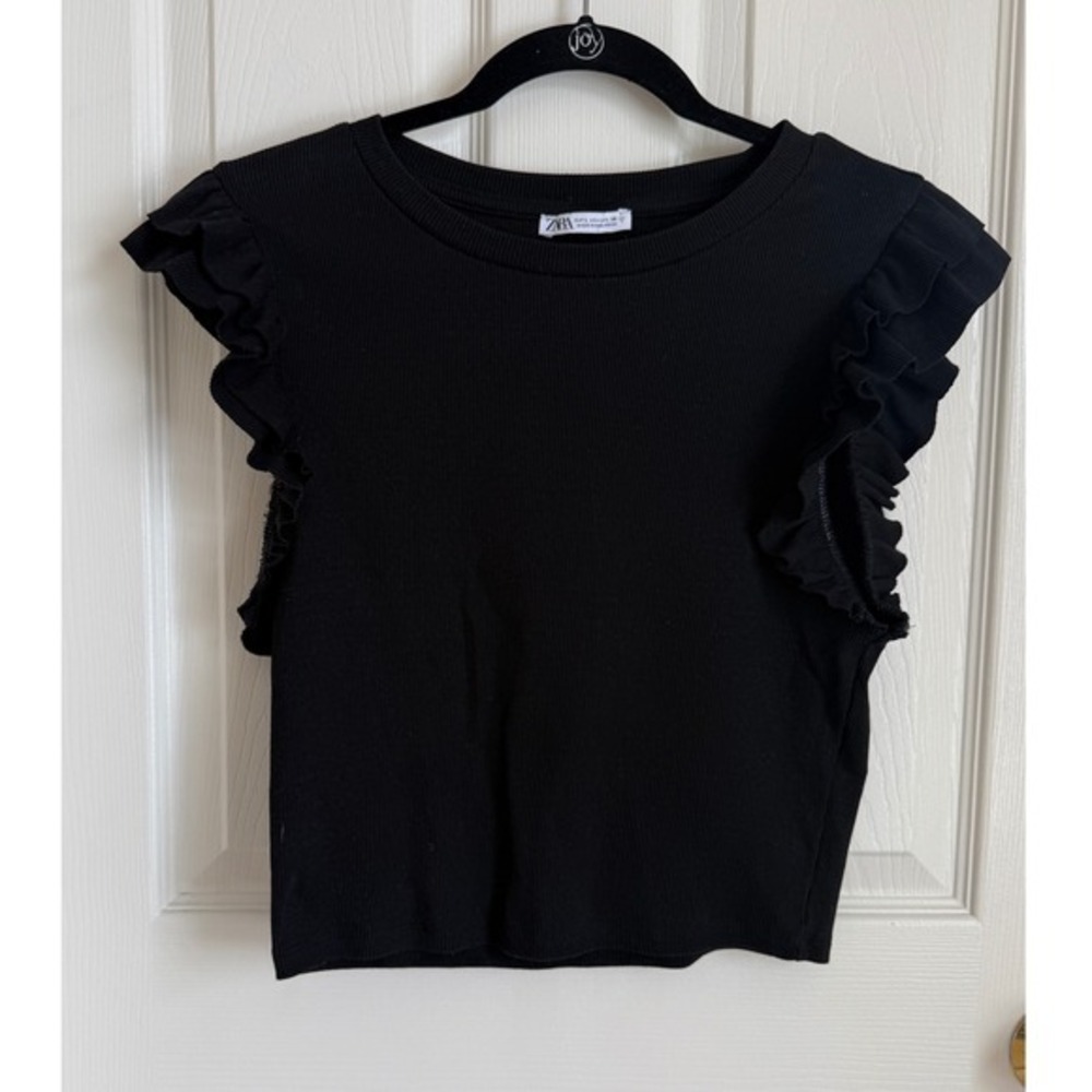 ZARA Black Ribbed Ruffle Sleeve Crew Neck Cropped Top Women's Size L